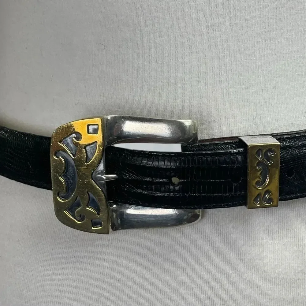 Pat Areias Sterling Silver Southwestern Belt Buckle, 30” Black Lizard Belt Strap